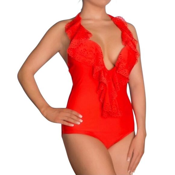 Jessica Simpson plunge ruffle swimsuit sz XL RED ORANGE - Picture 1 of 6